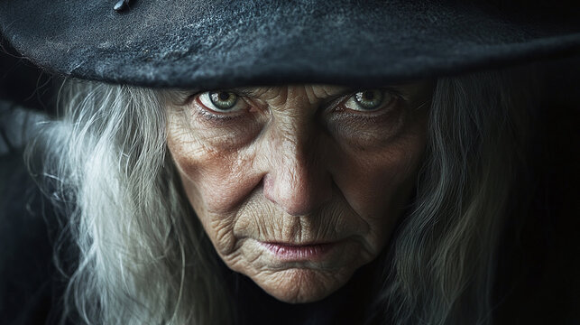 Intense portrait of an old witch with piercing gaze and worn hat on white background, perfect for fantasy themes.