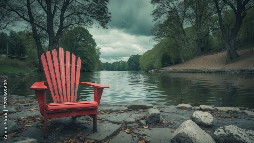 Poster red adirondack chair by tranquil basin surrounded by trees on overcast day with clear space for text