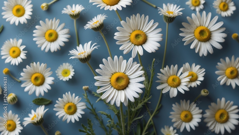 Poster white wild daisies displayed aesthetically on blue background with empty space for creative text and