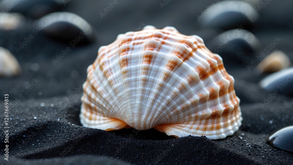 Poster seashell on black sand beach with blank space for creative text and natural background elements in c