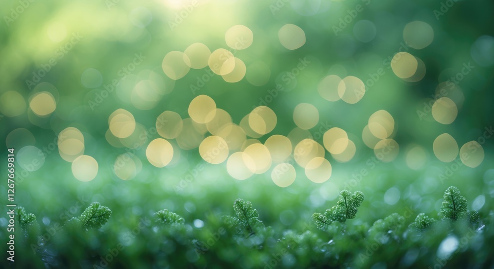 Poster soft green bokeh background with blurred foliage creating a serene and tranquil atmosphere for natur