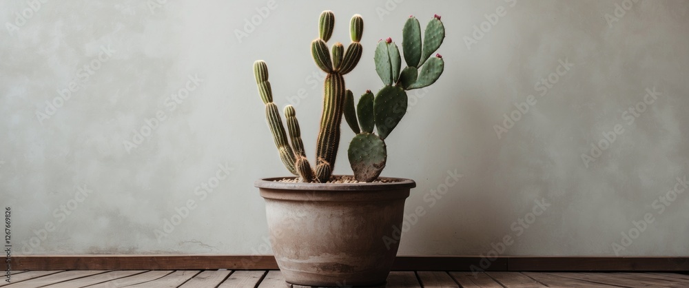 Poster cactus and succulent plants in a decorative pot with a minimalist background and ample space for tex
