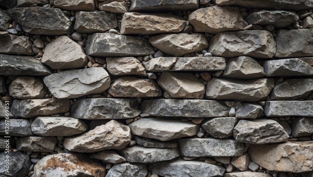 Poster textured close-up of layered stone wall showcasing various shapes and colors suitable for background