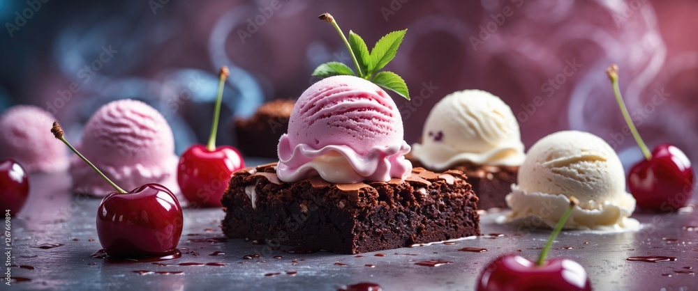 Poster chocolate brownie topped with cherry and vanilla ice cream on a stylish surface with empty space for