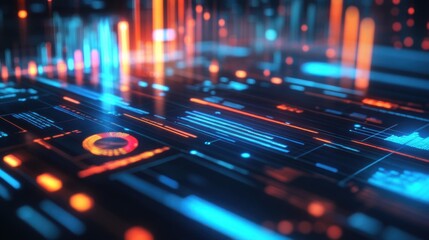 Futuristic Digital Interface Abstract Technology Background with Glowing Lines and Data Graphs