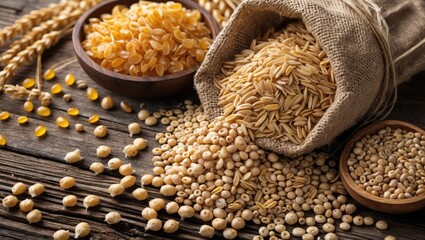 Fototapeta premium Assorted cereal grains, seeds, and beans in burlap sack and wooden bowls on rustic wooden background for harvest and nutrition concept.