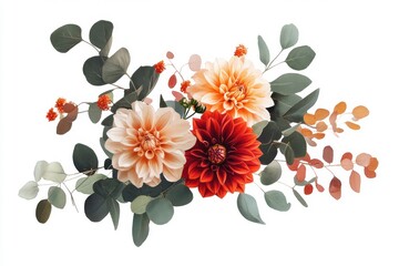 Autumn floral design showcasing dahlia, rose, and eucalyptus. Vibrant orange petals and natural foliage ideal for rustic wedding themes and seasonal events