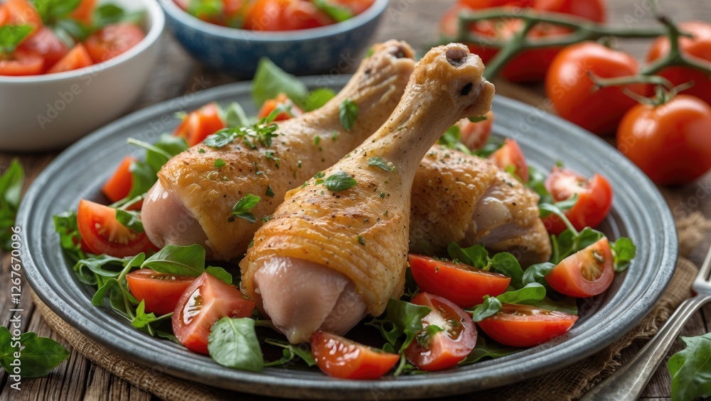 Poster savory chicken legs served on fresh greens with cherry tomatoes and empty space for customizable tex