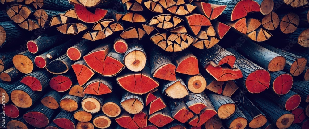Poster woodpile close-up showcasing intricate textures and vibrant colors in stacked logs, highlighting nat