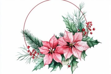 Christmas floral arrangement with hand-painted poinsettia and winter greenery for seasonal greeting cards 