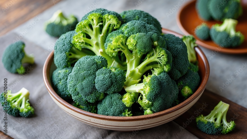 Poster fresh broccoli arrangement in a rustic ceramic bowl on a wooden table with neutral background for cu