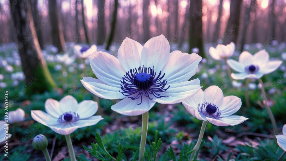Poster closeup of white wood anemone flowers in a forest during early spring with soft light and empty spac