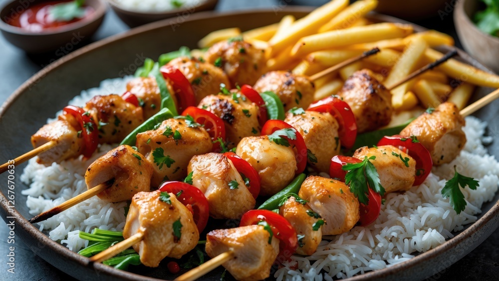 Poster grilled chicken skewers served with french fries and rice on rustic plate with space for text overla