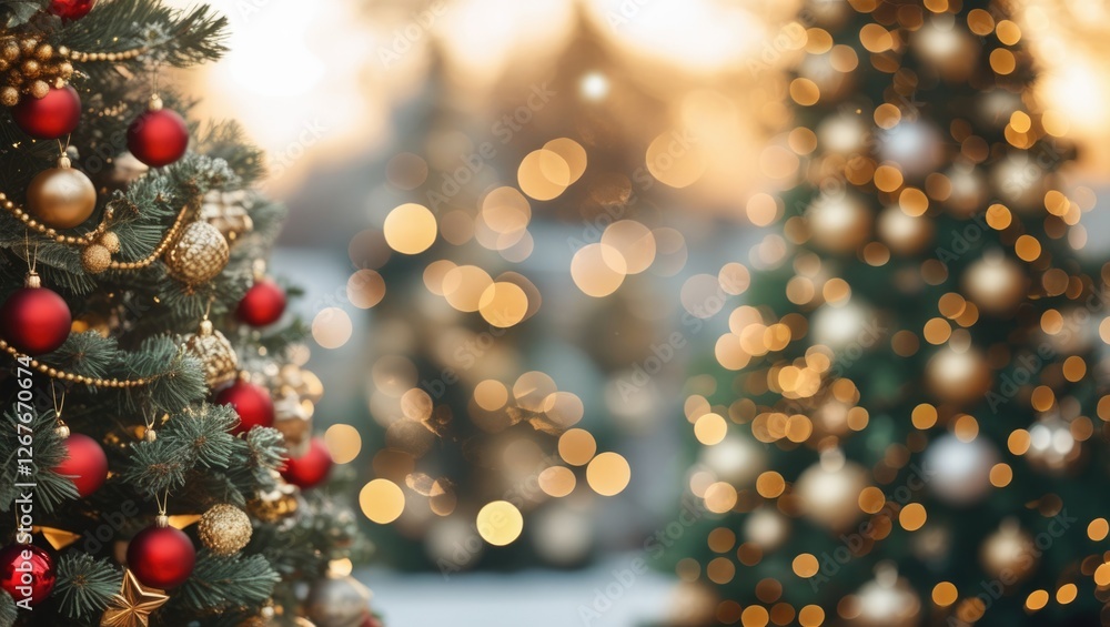 Aufkleber blurry bokeh effect of festive christmas trees adorned with red and gold ornaments creating a warm a