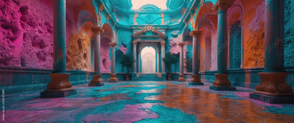 Poster vibrant architectural interior featuring intricate columns and textured walls in vivid colors, creat