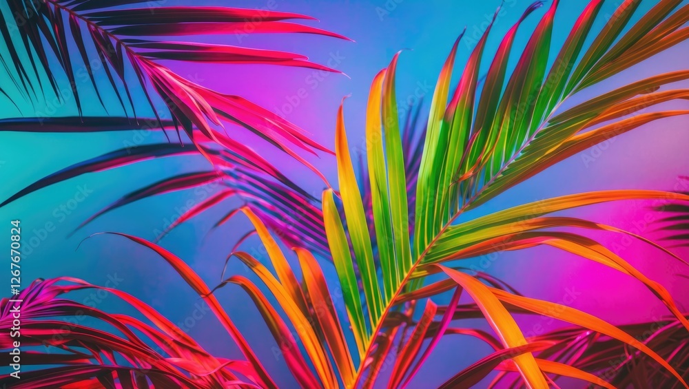 Aufkleber vibrant palm leaves illuminated by multicolored lighting creating a retro minimalist background for 