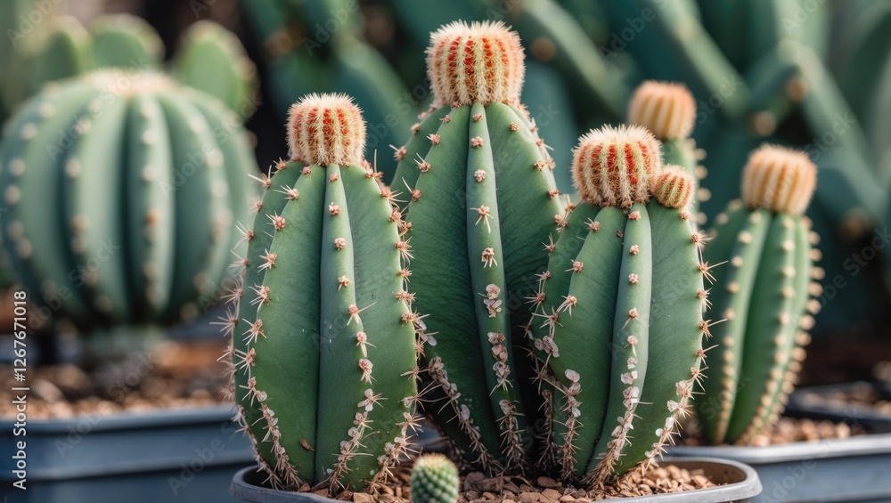 Poster group of vibrant cacti with small thorns captivatingly displayed in a lush greenery environment idea