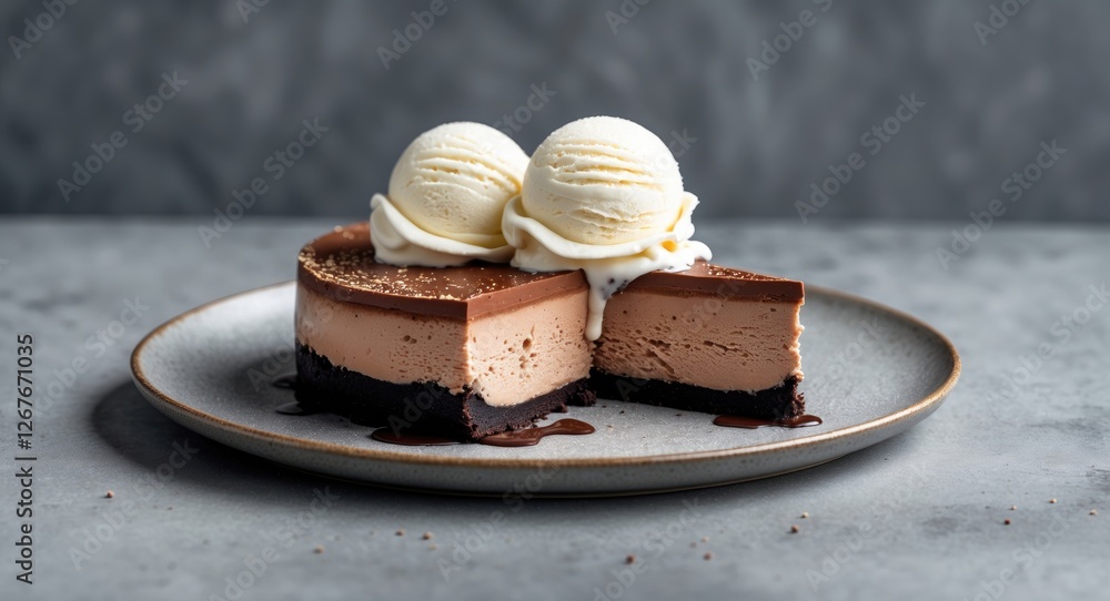 Poster chocolate cheesecake slice with creamy vanilla ice cream served on a plate against a textured gray b