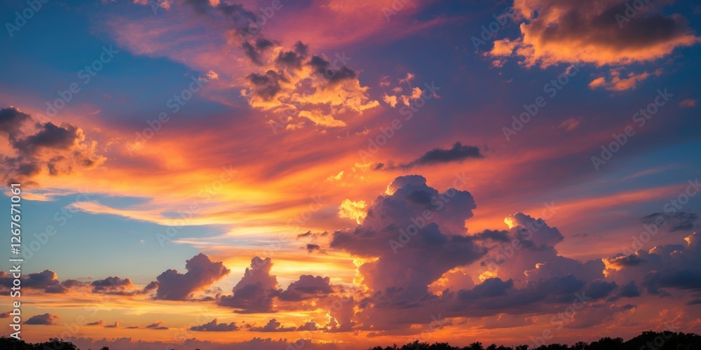 Aufkleber vibrant colored clouds during a summer sunset creating a picturesque sky with ample empty space for 