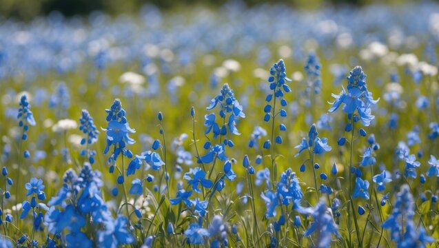 Vibrant Blue Wildflowers Blooming in Lush Green Meadow Under Bright Sunshine