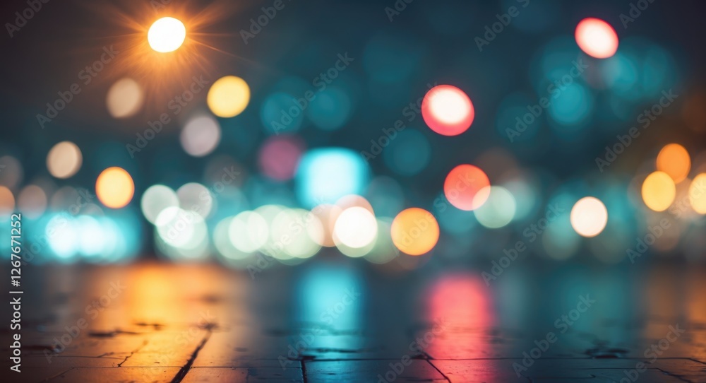 Poster bokeh effect abstract background with vintage night lights and colorful blurred glow on wet surface 