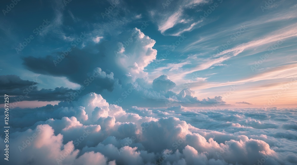 Poster dramatic cloudscape with soft colors and intricate textures creating a serene sky background ideal f