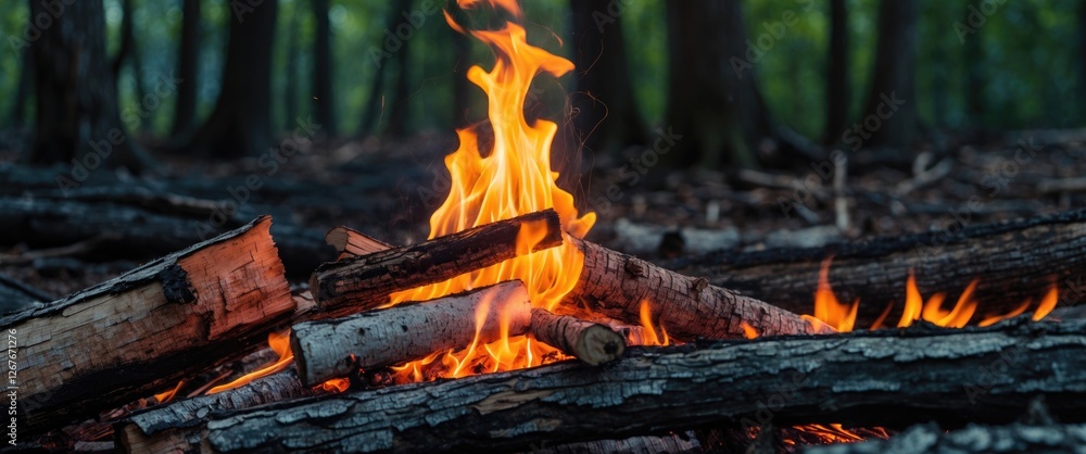 Poster dancing flames erupting from logs in a serene forest setting with space for text overlay