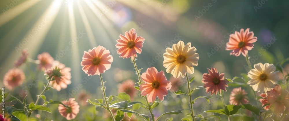Aufkleber sunlit summer flowers in bloom with soft background and space for text or graphics