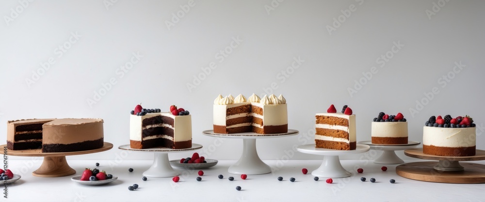 Poster delicious assorted cakes displayed on pedestals with fresh berries and blank white background for te