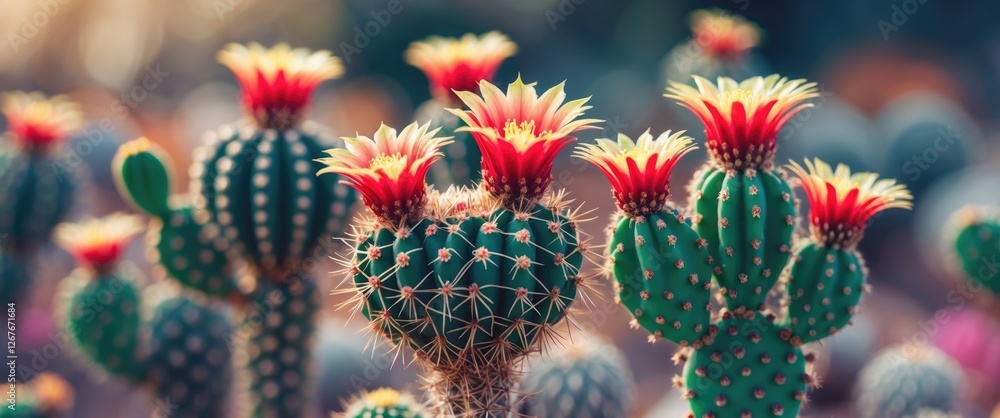 Poster vibrant cactus blooms in soft focus background with space for textual overlay