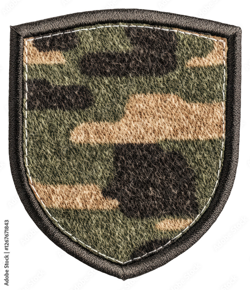 Poster camouflage pattern shield patch isolated on transparent background with olive green