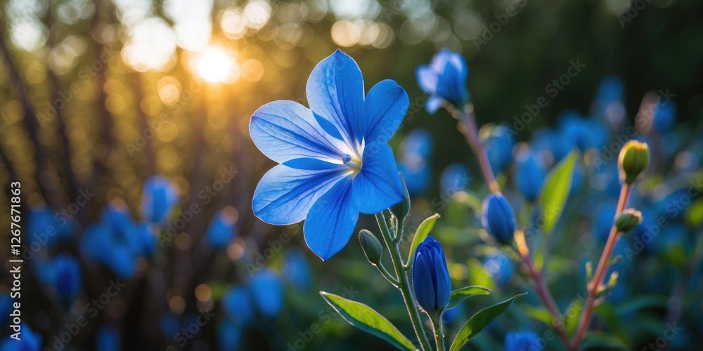 Poster vibrant blue flower in soft evening light with bokeh background and space for text in natural settin