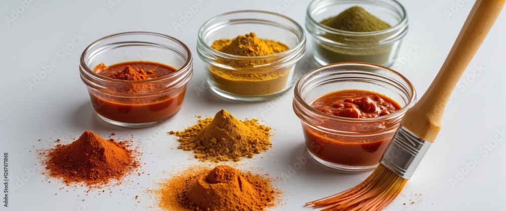 Poster Variety of Spicy Sauces and Colorful Powders in Glass Containers with Brush on White Background for Culinary and Recipe Inspiration