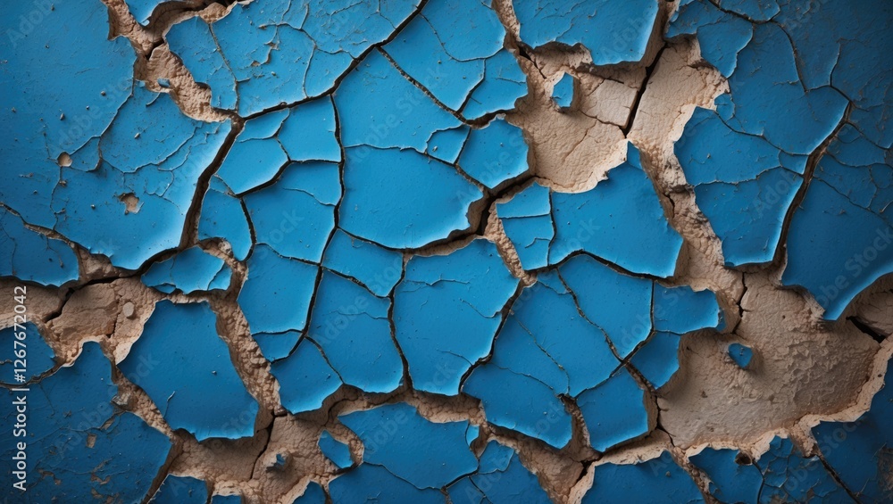 Poster cracked blue paint texture creating a grunge background with intricate patterns and weathered detail