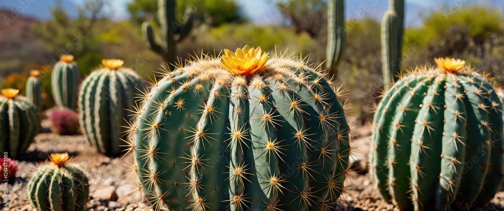 Poster close up of vibrant cactus in garden setting showcasing unique texture and empty space for customiza