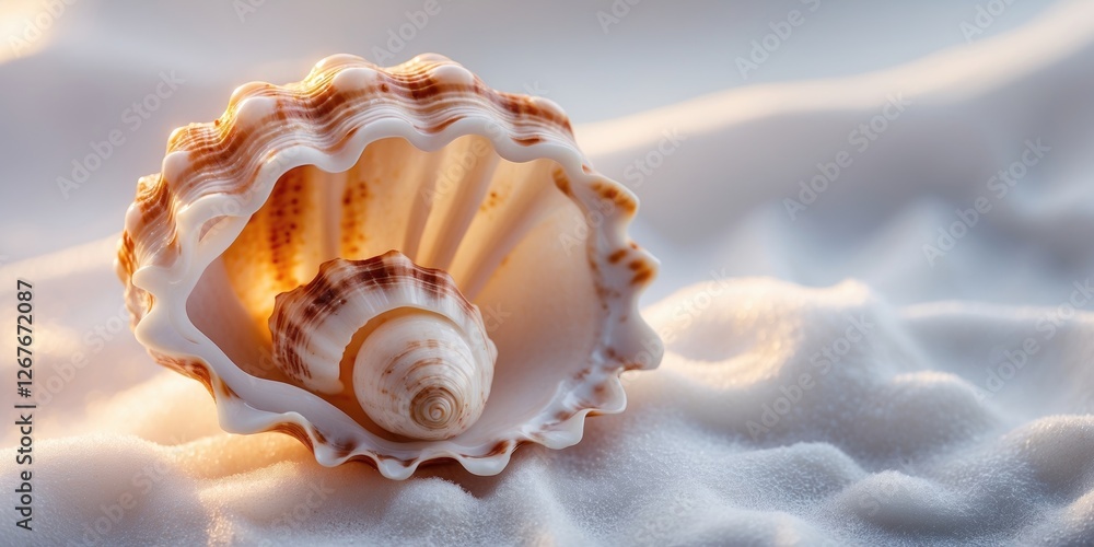 Poster seashell on soft sand with warm lighting ideal for nature themes and text overlay in a calm and sere