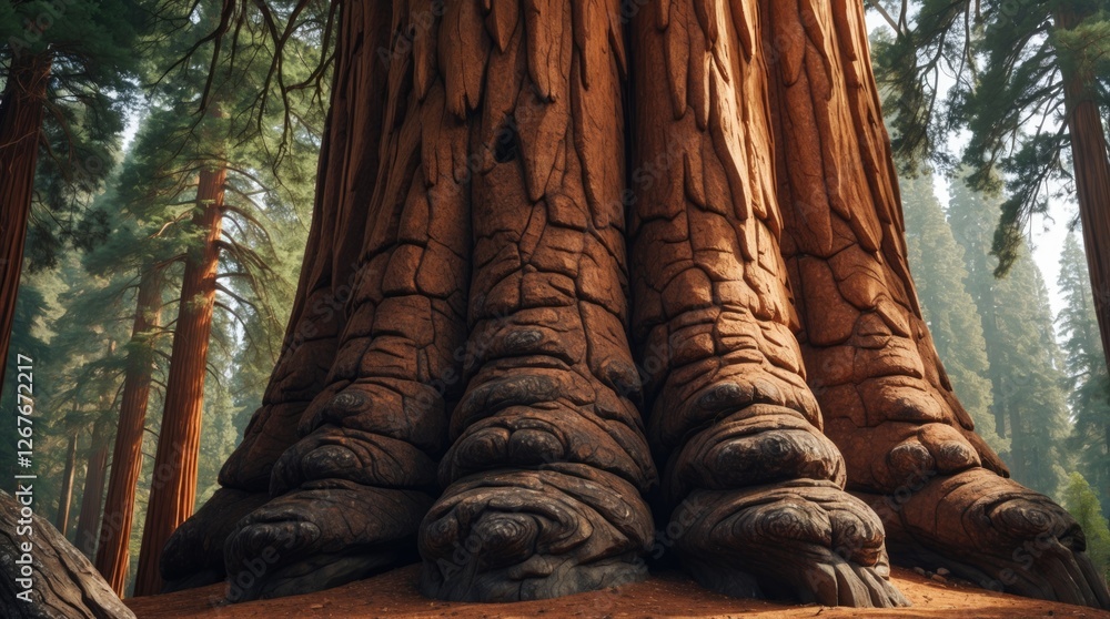 Aufkleber close up of ancient sequoia tree trunk showing textured bark in lush forest environment with majesti