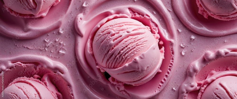 Poster textured closeup of pink ice cream scoops on creamy surface with soft focus empty space for custom t