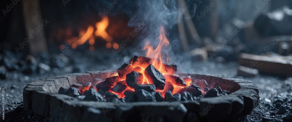 Poster glowing coals in a wood forge with soft focus background and clear space for text or graphics