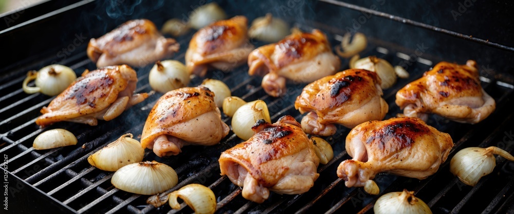 Poster grilled chicken thighs and onions on barbecue with empty space for custom text for cooking and bbq p