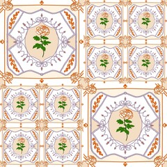 Seamless pattern of blooming creamy roses on the white background.