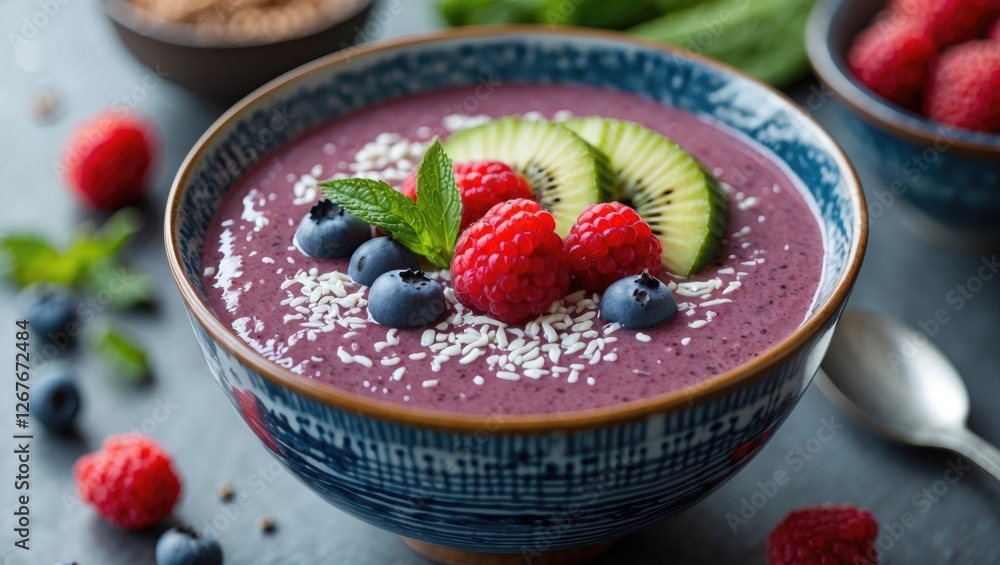 Poster smoothie bowl topped with fresh berries and mint on a rustic table setting