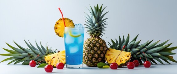Tropical Blue Cocktail Garnished With Pineapple And Cherries Surrounded By Fresh Fruit Isolated On White Background