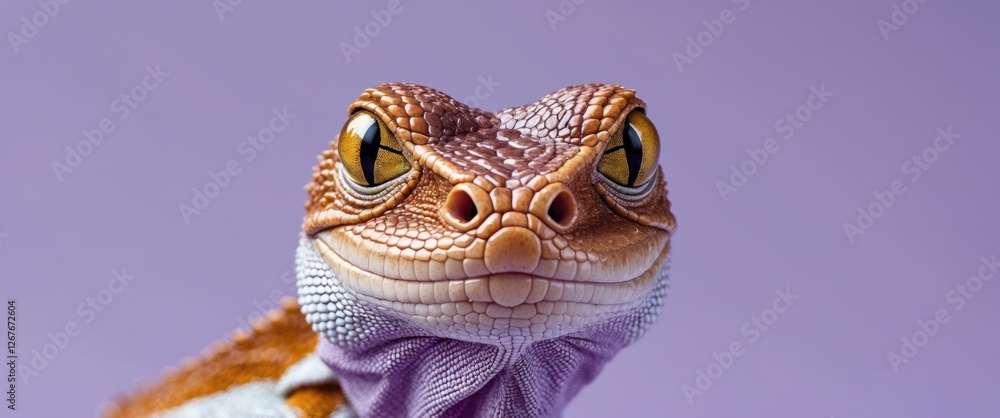 Poster macro portrait of brown lizard on soft purple background with space for text creative reptile photog