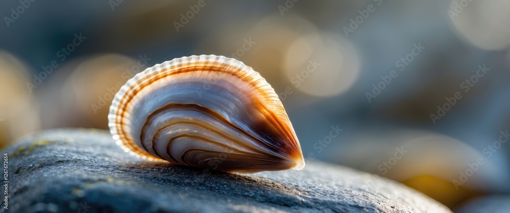 Poster close up view of a beautifully striped seashell on a rocky surface with soft background bokeh effect