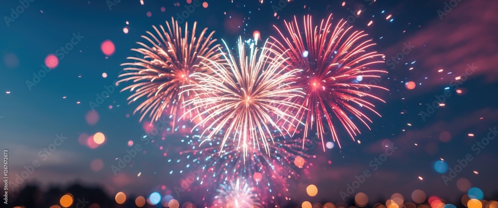 Poster colorful fireworks display illuminating night sky with bokeh effect and blank space for custom text 