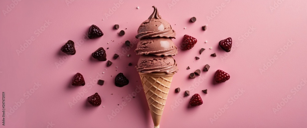 Poster chocolate ice cream cone with berries and chocolate chunks on pink background featuring empty space 