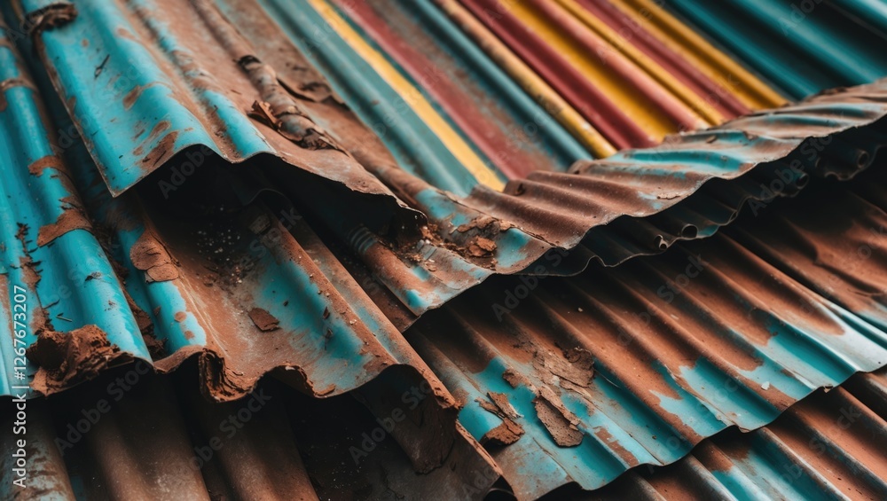 Poster close-up of weathered rusty corrugated metal sheets with vibrant colored stripes in the background h
