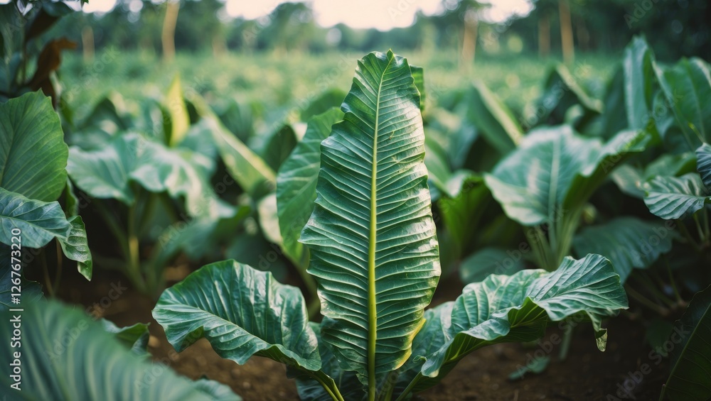 Poster lush green cassava leaves with selective focus creating a natural background ideal for text placemen