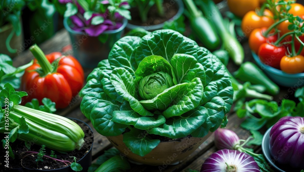 Aufkleber fresh green vegetables on planting table with colorful harvest and empty space for text displaying o